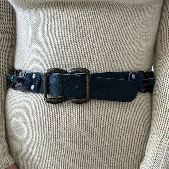 Vintage Womens Navy Blue Leather Western Hippie Boho Circle Waist Belt sz 34